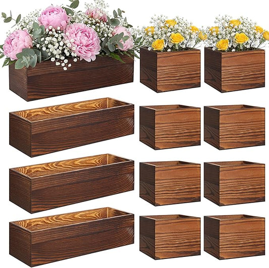 Leinuosen 12 Wooden Planter Boxes Set, 4 Pcs 12 x 4 Inch Rectangle Wood Planter Box 8 Pcs 4 x 4 Inch Flower Pots Wooden Cube Rustic Square Wood Vase for Centerpiece Wedding Vintage Decoration(Brown)