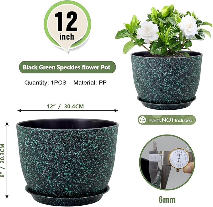 Meowell 12 inch Large Plant Pots, Plastic Planters with Drainage Holes and Saucers, Flower Pots for Indoor Outdoor Plants, Decorative Pots for Garden House Plants, Black with Green Speckles