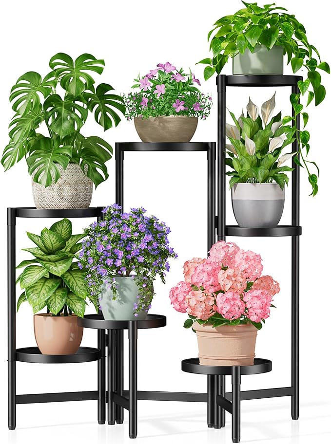 NQW 7 Tiered Metal Corner Plant Stand Indoor Outdoor, Tall Large Folding Rack with Rust Proof 7.9 Inch Wide Tray, Heavy Duty Flower Shelf for Multiple Plants for Patio - BlackDisk