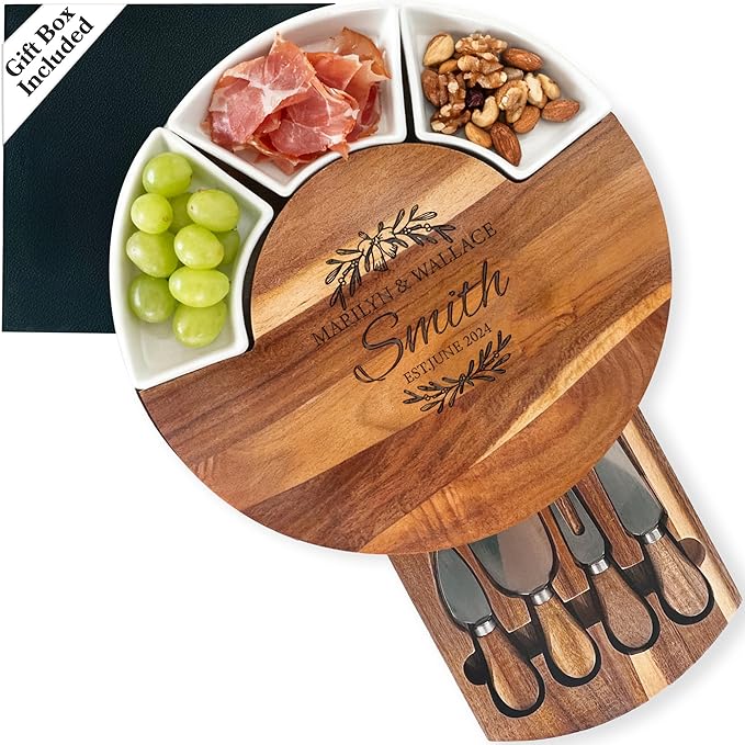 Personalized Cheese Board, 13'' Custom Charcuterie Board Gift, Acacia Wood Boards with Knives for Serving - Gifts for Housewarming New Home, Wedding, Anniversary, Christmas, Couples, Birthday