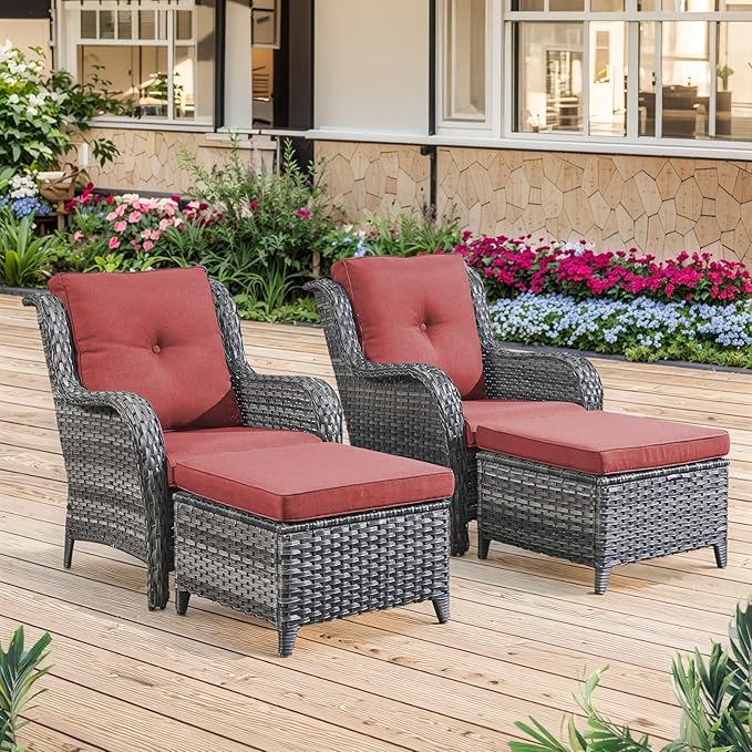 Belord Wicker Furniture 4 Pieces Outdoor Patio Furniture Set Patio Chairs with Ottomans Conversation Set for Porch Garden Deck Balcony Poolside Grey Wicker Red Cushion