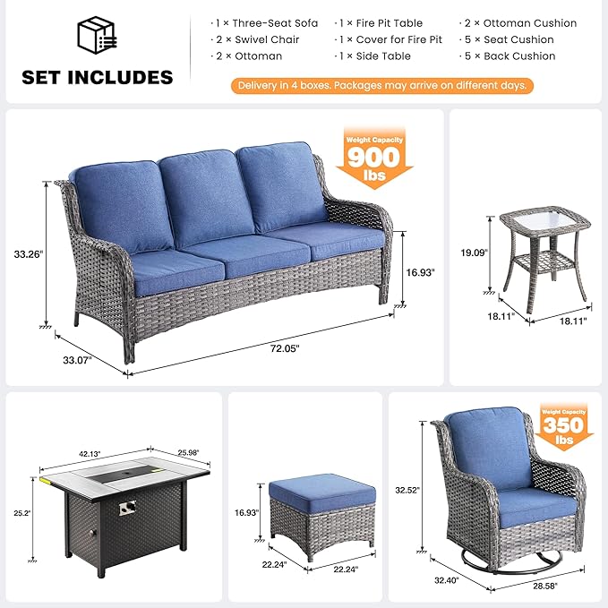 ovios 7 Pieces Patio Furniture Set, Outdoor Wicker Sofa Couch with Swivel Chairs 42" Fire Pit Table, High Back Modern All Weather Conversation Sets, Grey Rattan, Denim Blue