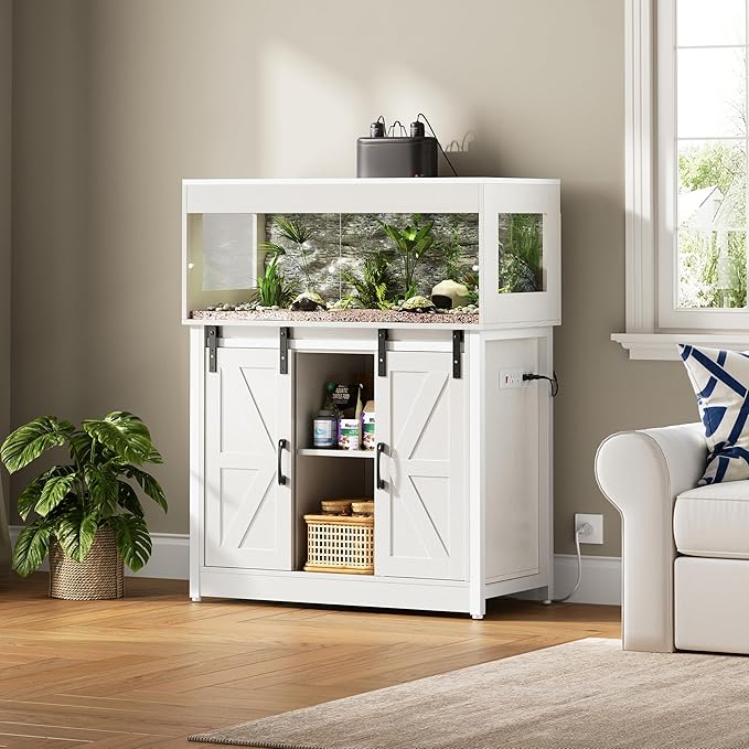 Herture 40 Gallon Reptile Terrarium with Stand, Reptile Tank with Barn Door and Storage, Vivarium with Acrylic Doors, Ventilated Mesh Top & Power Outlet, for Geckos, Lizards, Snakes White PX06RTW