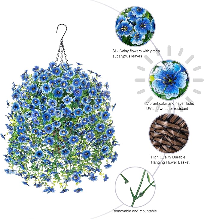 HyeFlora Artificial Hanging Flowers Basket for Outdoor, Fake Flowers Faux Plants Look Real for Yard Gardens Porch Patio Home (Blue)