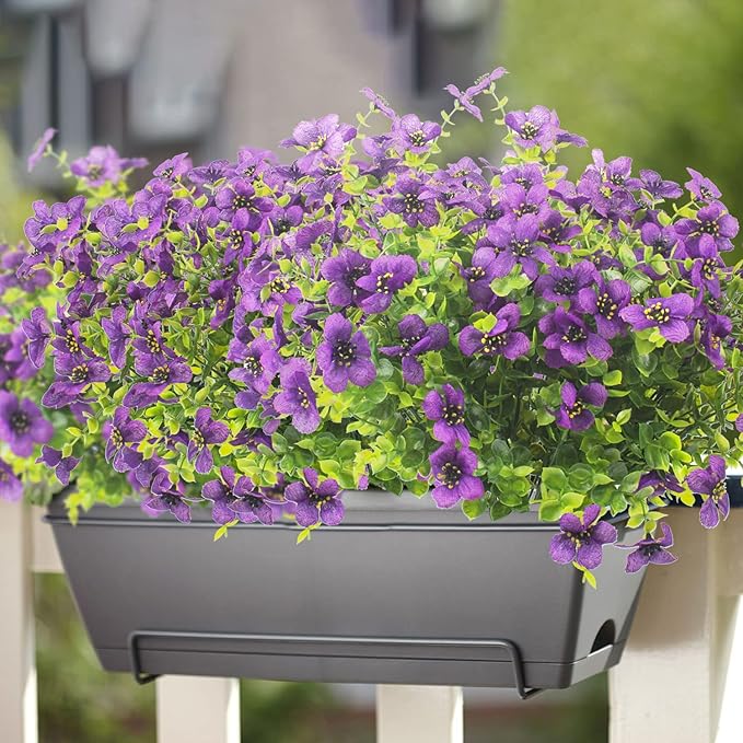 Grunyia 10 Bundles Artificial Flowers Outdoor UV Resistant Fake Flowers No Fade Faux Plants Garden Porch Window Box Decorating (Purple)