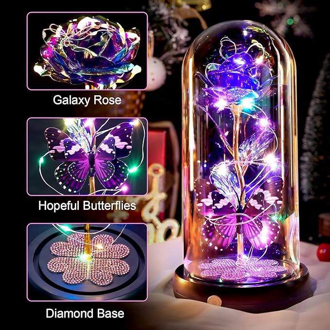 Valentines Day Rose Gifts for Her Birthday Gift for Women Rechargeable Galaxy Glass Rose in Glass Dome Crystal Roses Flowers Butterfly Valentine Gifts for Women Daughter Mom Wife Girlfriend Purple