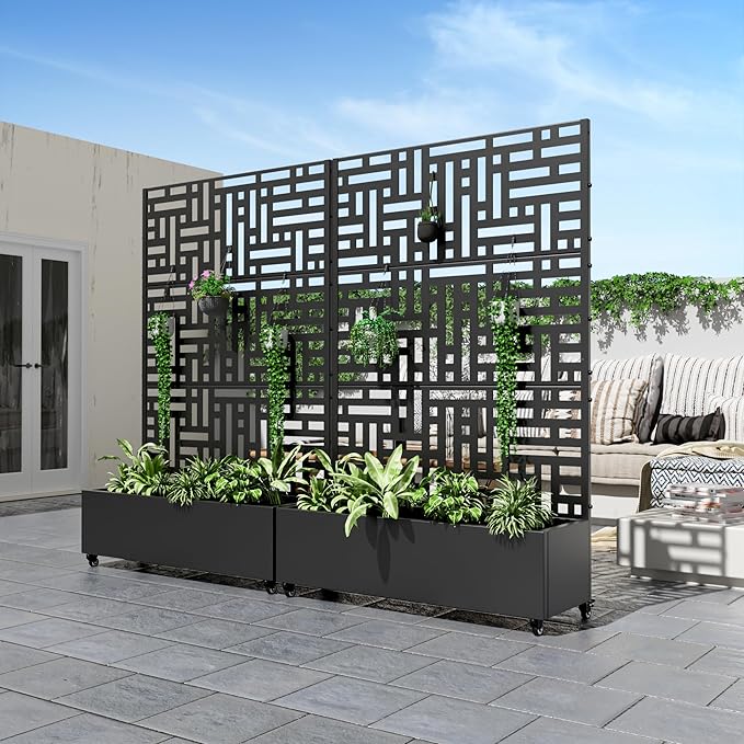 Casaphoria Metal Raised Garden Bed with Trellis and Wheels, 72"x47"x16" Planter Box for Climbing Plants, Vegetables & Vines, Features Drainage Holes and Privacy Screen (Black-Helen)