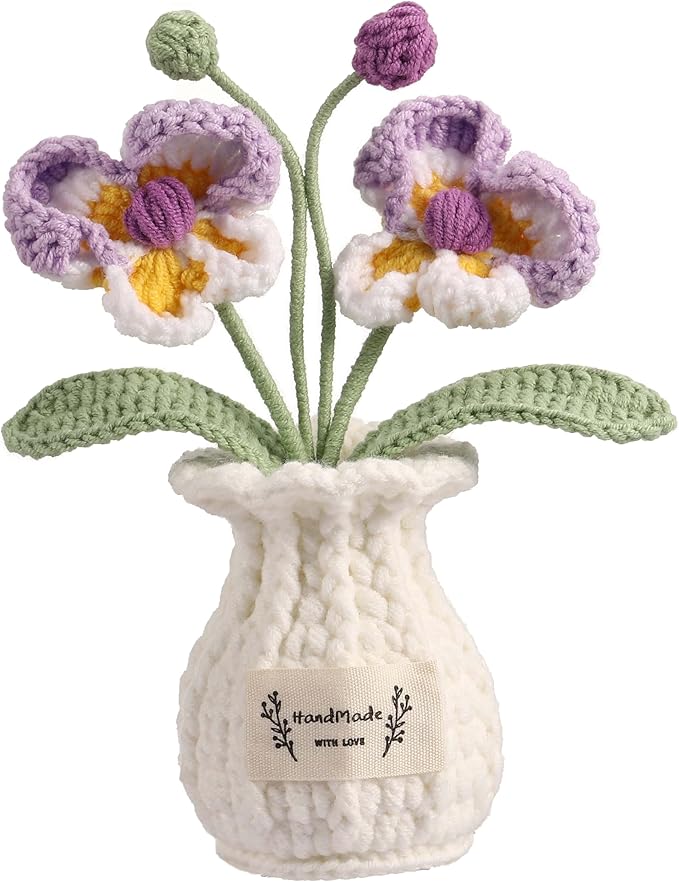 YOOJEE Orchid Crochet Flower Pot Purple Handmade Knitted Phalaenopsis Desk Decor for Home Office