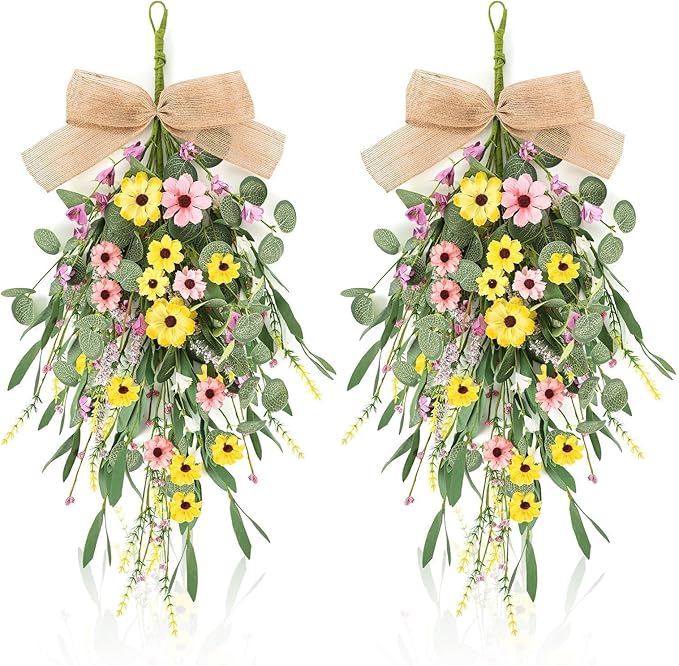 22" Artificial Spring Summer Swag Wreath 2Pcs Spring Summer Floral Teardrop Swags for Front Door Farmhouse Kitchen Cabinet Wreaths with Ribbon Faux Flowers Hanging Wreaths for Porch Wall Window Decor