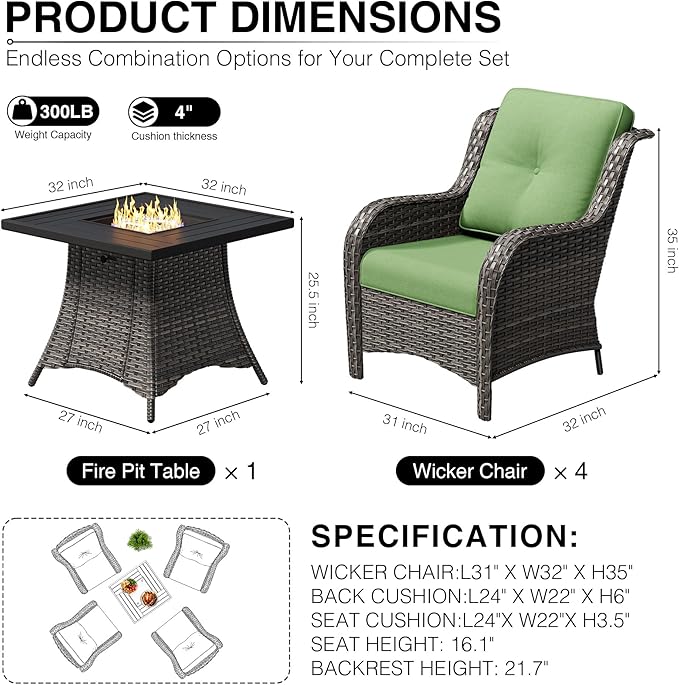 Joyside 5 Piece Wicker Patio Furniture Set with Fire Pit Table, Rattan Patio Chairs with High Back, Deep Seating, Wide Armrest, Thickened Cushions, Outdoor Furniture for Deck, Porch Use