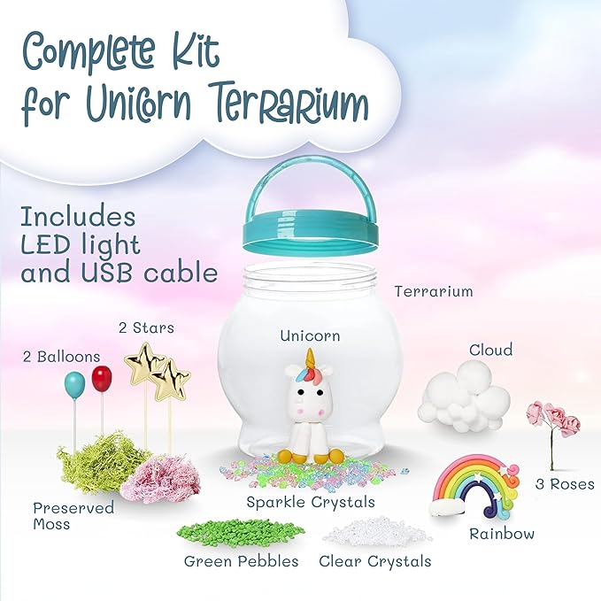 Memory Building CO Light-Up Unicorn Terrarium Kit for Kids - Christmas & Birthday Gift for Girl or Boy - Best Unicorn Toys & Kits, Arts & Crafts Gifts for Girls & Boys Age 4 5 6 7 8 9 10-12 Year Old