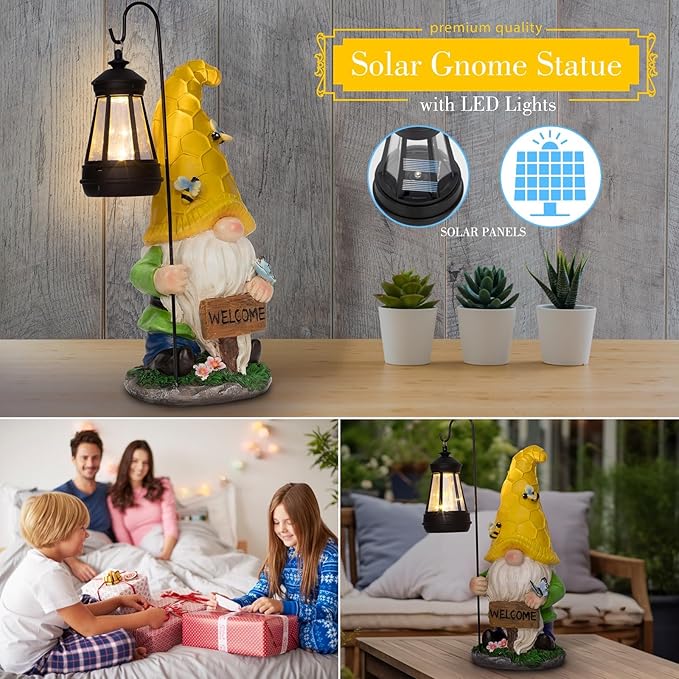 Christmas Gnomes Outdoor Statue with Solar Lights, Waterproof Solar Garden Gnomes Decorations for Yard with Lantern Light Outdoor Decorations for Patio Mom Gift