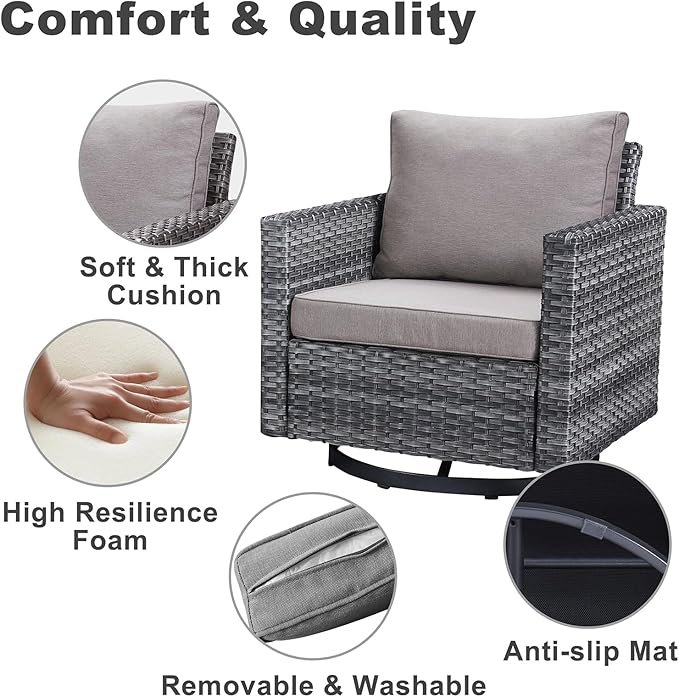 Belord 7 Piece Outdoor Furniture Patio Wicker Sofa Set, Oversize Outdoor Swivel Rocker Chairs with Rattan Ottomans, Conversation Sets Patio Furniture Come with Removable Washable Cushion Grey