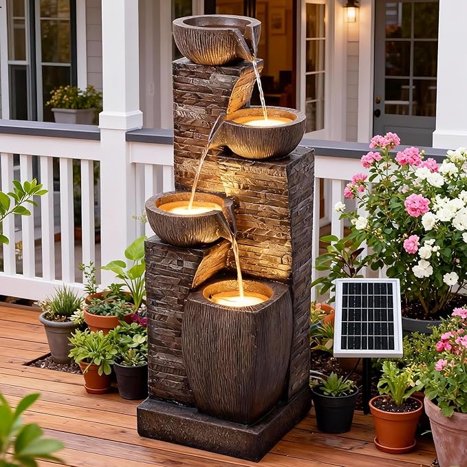 Solar Water Fountain Outdoor Garden, 38.2" Tall Stone Texture Modern Outdoor Fountain with 4 Tiers Cascading Bowls and Pump Solar Panel for Patio, Deck, Porch, Backyard Home Decor