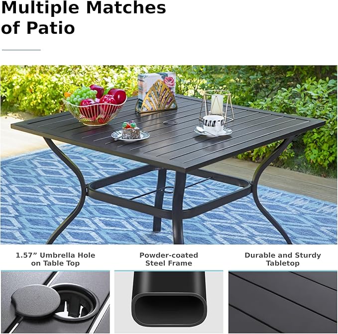 MFSTUDIO Patio Table and Chairs Set of 4, Metal Outdoor Dining Set with Umbrella Hole, 5 Piece Wrought Iron Patio Furniture Dining Set for Deck Backyard Garden