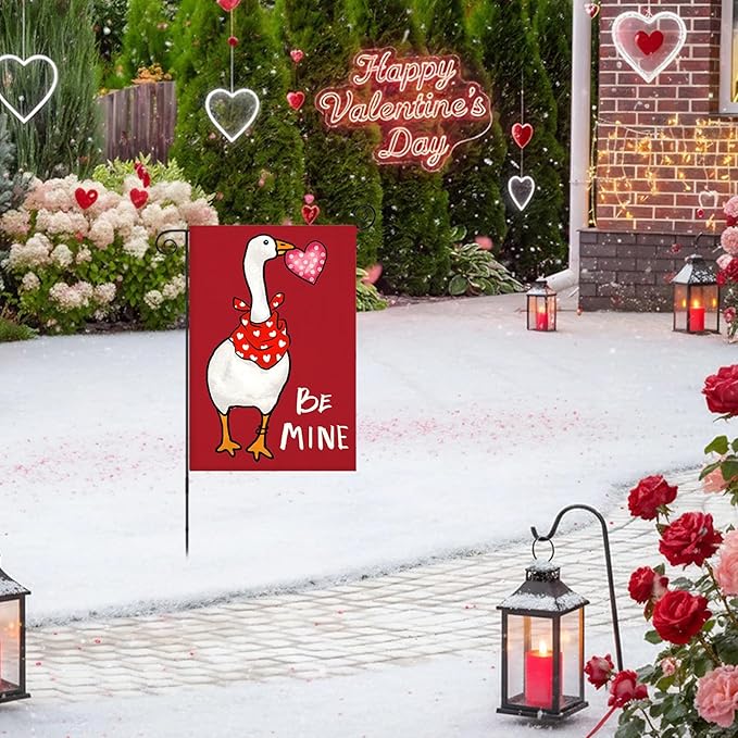 Valentines Day Garden Flags 12x18 Inch Double Sided, BE MINE Funny Goose with Love Heart Small Seasonal Decoration for Holiday Anniversary Wedding Yard Outside Outdoor