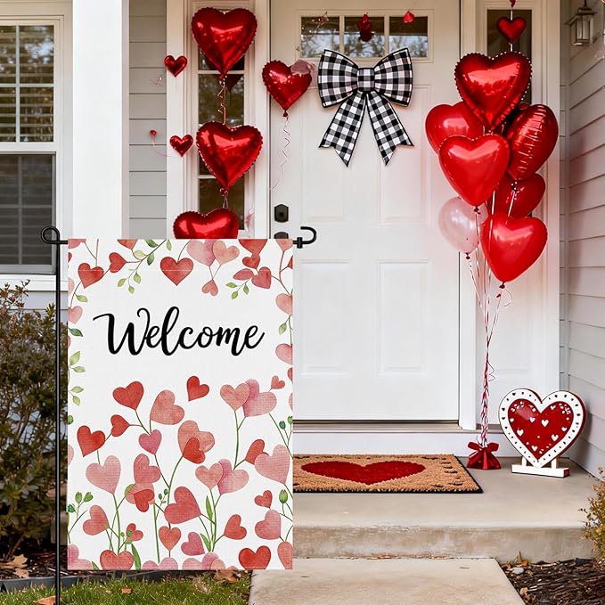 pretty_jessie Valentines Day Garden Flag 12x18 Inch Double Sided, Welcome Floral Love Hearts Burlap Yard Flag Anniversary Patio, Porch, Backyard Outdoor Decorations