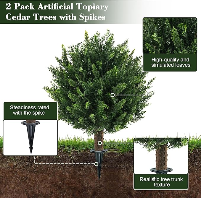 Chillchard 21" Artificial Cypress Topiary Outdoor Plants with Spike, 2 Pack Faux Cedar Bushes UV Resistant Fake Shrubs for Front Porch Décor