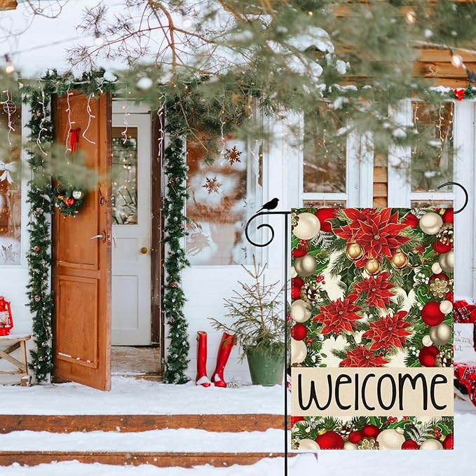 Welcome Garden Flag Christmas Bells Poinsettia Pine Trees Xmas Winter Yard Flag 12x18 Inch Double Sided Small Mini Yard Outdoor Outside Holiday Party Decoration