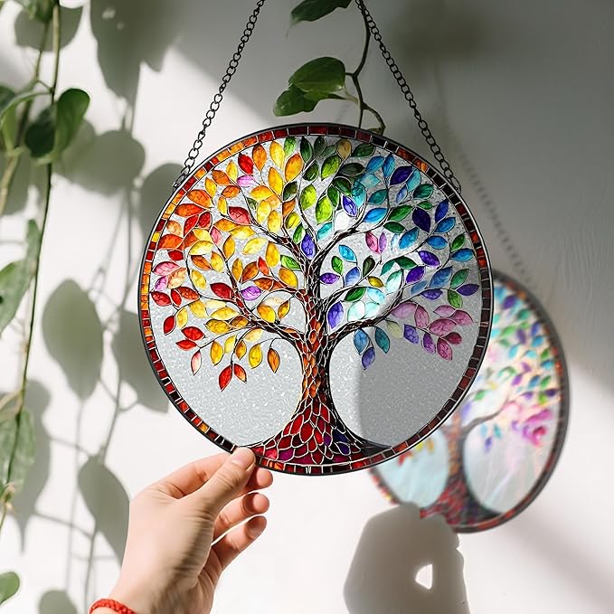 LAOWEIKI 8'' Tree of Life Sun Catcher Ornament, Stained Glass Window Hanging, Suncatchers for Windows Hanging Ornaments, Window Decor | Housewarming Gift, Gifts for Mom & Grandma