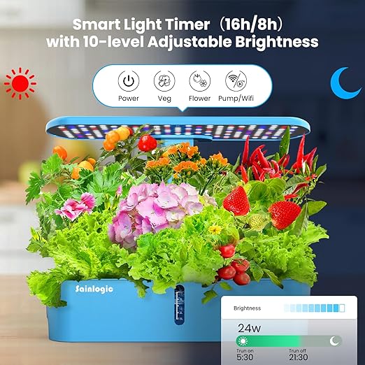 Sainlogic Hydroponics Growing System Kit, Smart Indoor Garden with APP & WiFi Connected, 12 Pods Watering Planter, 5 X Growth with 24W LED, Quiet Pump, for Vegetables, Herbs and Flowers