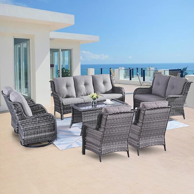 Belord Outdoor Furniture Wicker Conversation Sets - 7 Piece Patio Rattan Furniture Sets with Swivel Rocker Chairs Outdoor Sofa for Porch Deck Backyard Mixed Grey/Grey