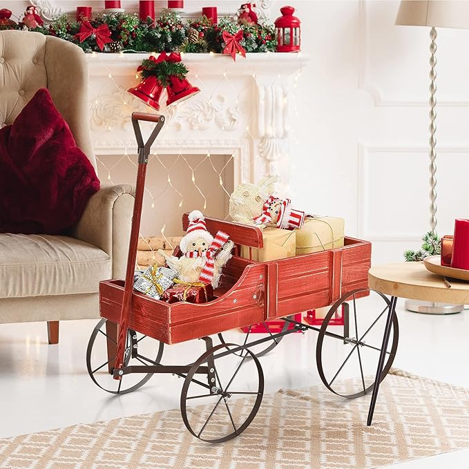 Giantex Decorative Garden Planter, Small Wagon Cart with Metal Wheels, Wood Raised Beds Plant Pot Stand for Backyard Garden Patio 24.5"x13.5"x24" (Red)