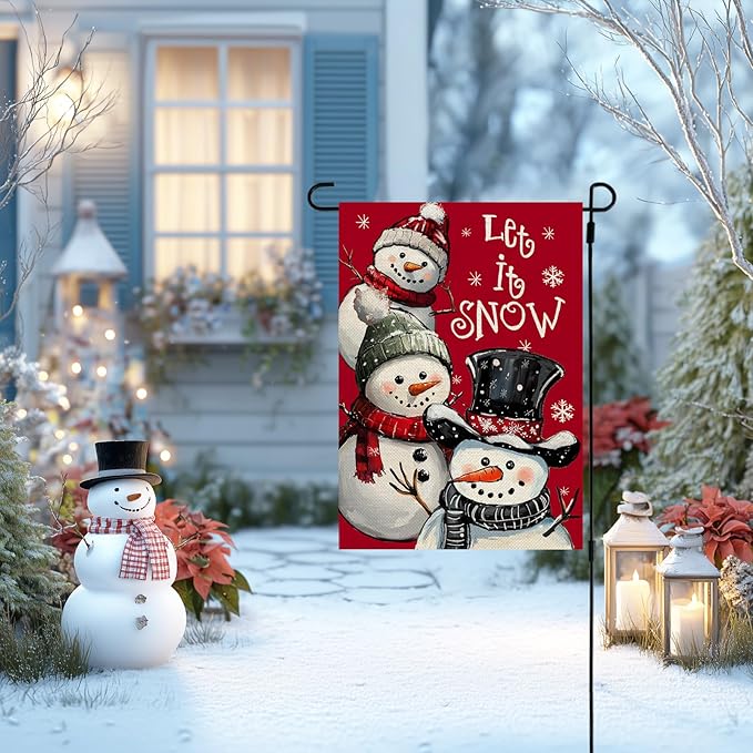 CROWNED BEAUTY Christmas Snowman Garden Flag 12x18 Inch Double Sided Red Xmas Let It Snow Decoration for Outside Yard CF1898-12