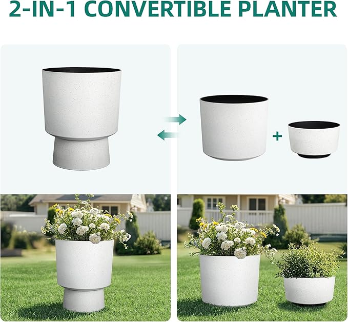 Ultym 16.75"H Urn-Style Tall Planters, 2-Pack Modern Large Flower Pots for Outdoor Indoor, 2-in-1 Design Plant Containers for Garden Patio Yard Balcony Porch or Home Decor, White Terrazzo, UV-Protect