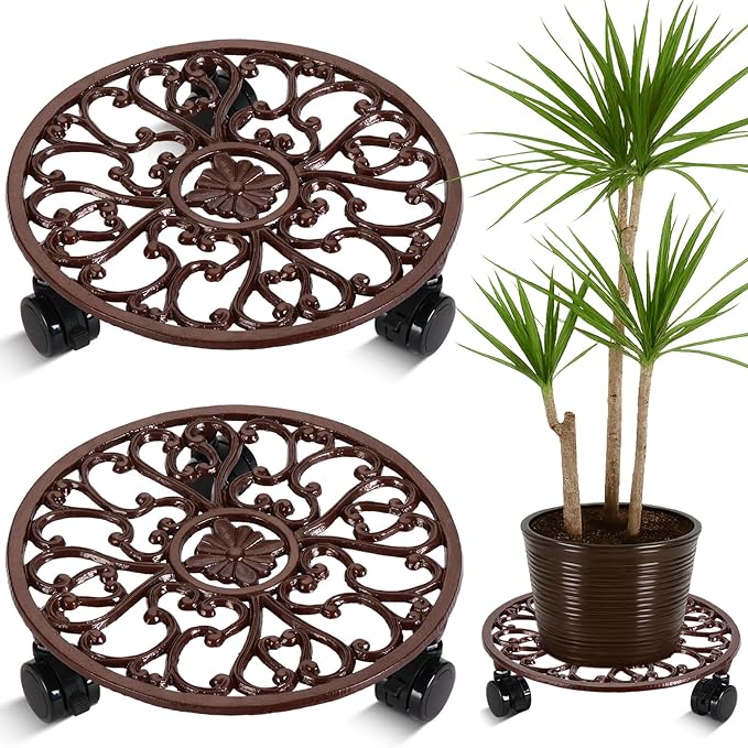 2 Packs 11 Inch Rolling Plant Stand with Wheels Wrought Iron Rolling Plant Stand with Casters Heavy Duty for Indoor Plants Rollers with Wheels, Metal Round Plant Dolly