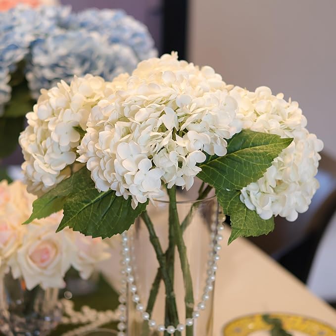 White Hydrangea Artificial Flowers - High-End 22.5cm Oversized Heads (4pcs) | Real-Touch Design | Perfect for Christmas, Weddings, Home Decor, Parties & Outdoor Use（White）
