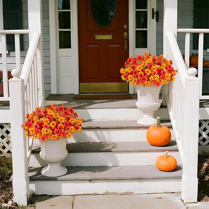 Ammyoo 8 Pcs Fake Fall Flowers Artificial Petunias for Outdoor Decorations, Faux Fall Flowers for Outside UV Resistant Realistic Plants for Garden Porch Patio Indoor Autumn Decor(Orange Yellow)