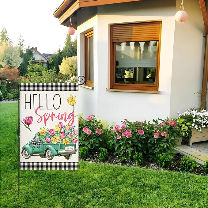Hello Spring Garden Flags for Outside, Buffalo Plaid Truck with Flowers Yard Decoration, Small Seasonal Summer Outdoor Decor for Farmhouse Holiday,12x18 Inch Double Sided