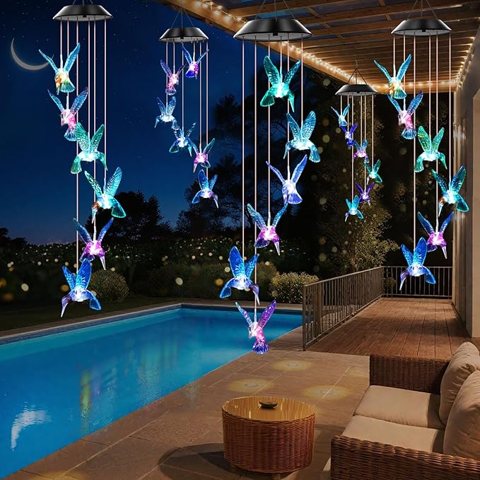 WENANA Blue Hummingbird Solar Wind Chimes Color Changing Lights Outdoor, Best Gifts for Mom Grandma Women Wife Aunt Daughter Sister, Unique Mobile Wind Chime, Gardening Yard Decorations