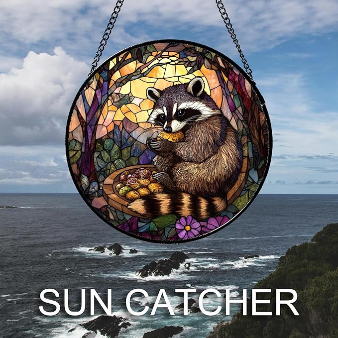 Stained Glass Window Hanging Brown Raccoon Forest Scenery 9.8" - Suncatcher Door Garden Sunroom Sun Catcher Home Decor Birthday Christmas for Mom Men Woman Nana