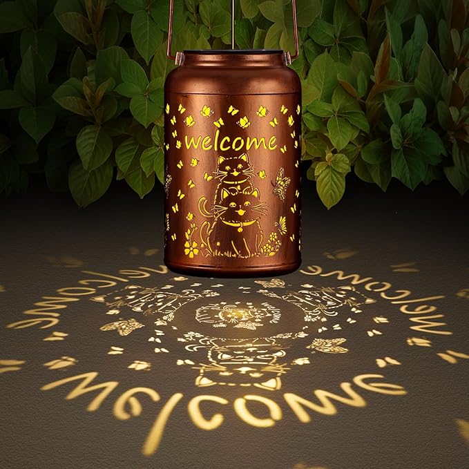 Solar Lantern Outdoor Hanging Waterproof Outside Metal Openwork Hummingbird Pattern Birthday Gifts for Women Mom Landscape Lights for Porch Garden Yard Patio Pathway Decor(Cat)