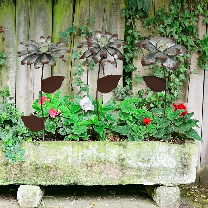 Voltogar 3 PCS Flower Stake Galvanized Metal Decoration for Garden & Outdoor, 13.8" H Glass Globe Glow in Dark Plant Pick Ornament Water-Proof Garden Art for Lawn & Patio