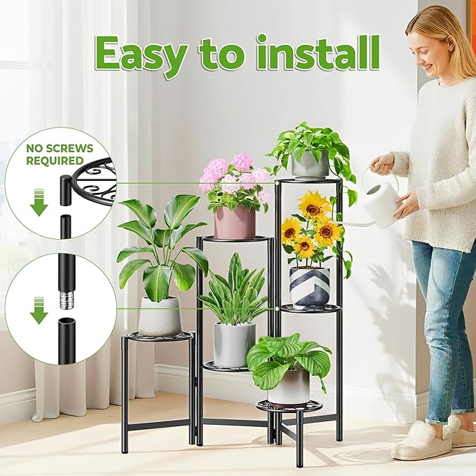 NQW 6 Tier Large Plant Stand Indoor with 7.9-Inch Wide Drainage Tray, Tiered Corner Metal Outdoor Flower Display Holder Shelf, Folding Tall Rack for House Patio Porch Balcony Graden - BlackS