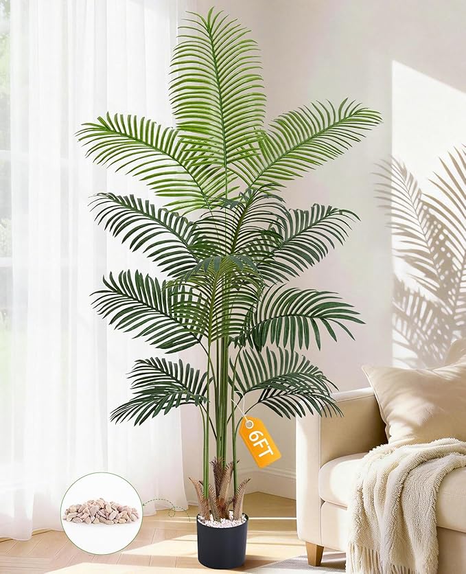 6 FT Artificial Plants Indoor, Tall Plant Palm Tree with Weighted Planter, Tropical Fake Tree with Realistic Leaves & Trunks for Home Office Living Room Bedroom Indoor Outdoor Decor