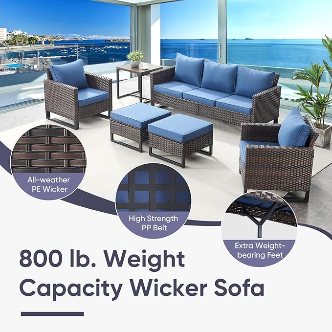 Belord 7 Piece Outdoor Furniture Patio Wicker Sofa Set, Oversize Outdoor Swivel Rocker Chairs with Rattan Ottomans, Conversation Sets Patio Furniture Come with Removable Washable Cushion Blue, Brown