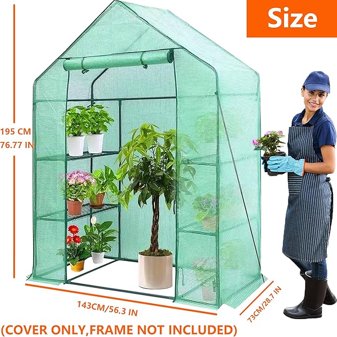 Greenhouse Replacement Cover, 56×29×76 Inches PE Walk-in Greenhouse Cover for Gardening Plants w/Roll-Up Zipper Door, Waterproof Frost Protection Wind Rain Proof, Easy Assembly (No Frames Include)