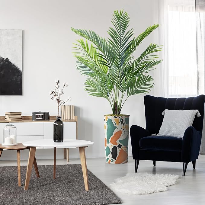 Artificial Tree in Modern Geometric Pattern Planter, Fake Areca Tropical Palm Silk Tree for Indoor and Outdoor Home Decoration - 66" Overall Tall (Plant Pot Plus Tree)