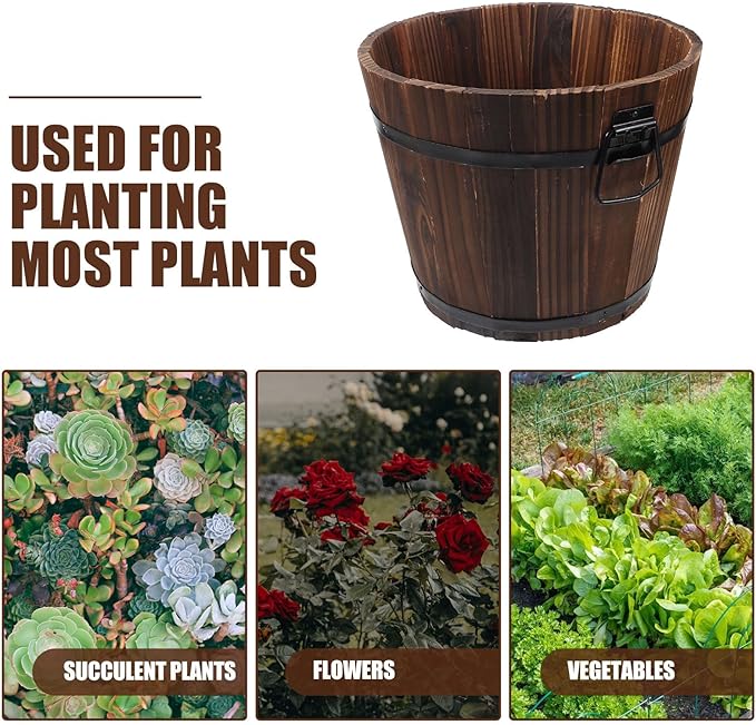 Yardwe Solid Wood Bucket Planter with Drainage Hole Rustic Carbonized Wooden Flower Pot for Indoor and Outdoor Balcony Decor Vintage Succulent Plant Container 11.81 X 9.44 X 9.05 Inch