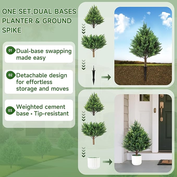 Gladeup 2FT Artificial Cedar Topiary Trees Set of 2 Detachable Planter & Spike,UV Resistant Faux Plants Outdoor and Indoor,Realistic Fake Bushes Pine Tree for Front Porch Decor Patio Offices Green