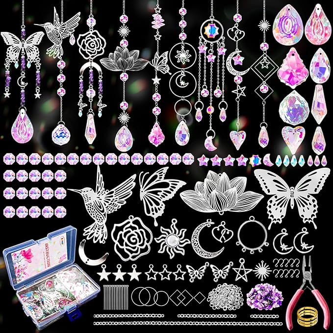 HAPGFS DIY Suncatcher Kit, 411pcs Art and Crafts Rainbow Maker for Adults Sun Catchers Making Supplies Hanging Prism Sun Catcher with Crystals Indoor Outdoor Garden Party Decor Silver