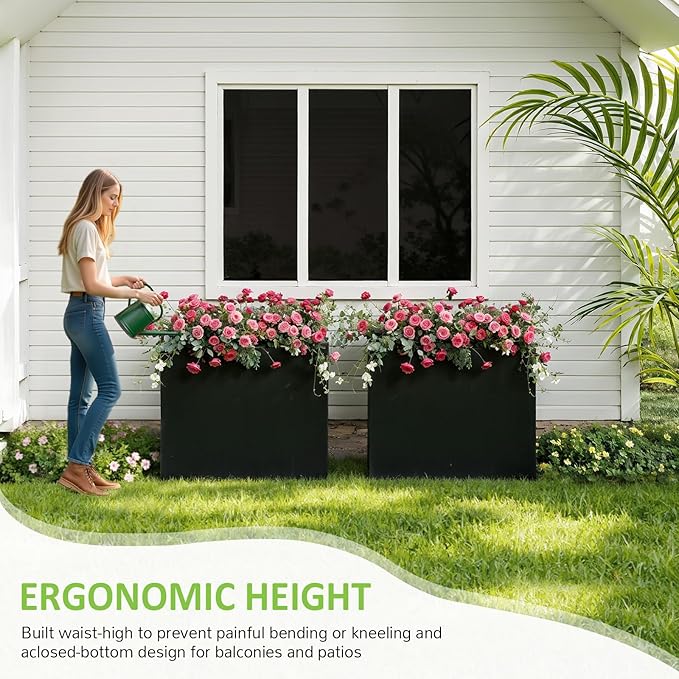 LAHAAP Planter Box Outdoor 38"W x 10.2"D x 30"H- Tall Rectangular Planters for Outdoor Patio/Porch, All-Weather with Anti-dumping Kit, Durable Galvanized Steel, Modern Design for Plants, Flower,Garden