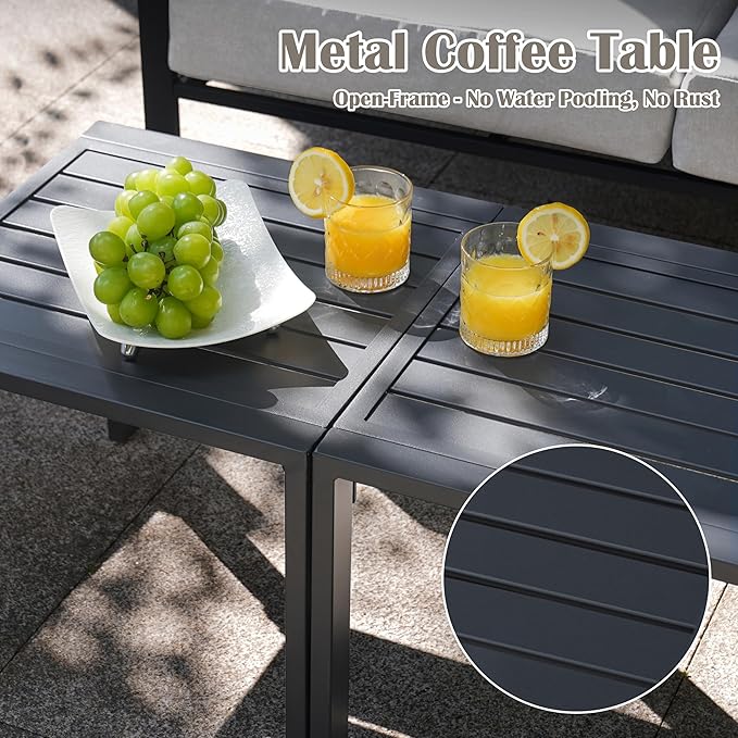 6 Pieces Rattan Outdoor Furniture Set, All-Weather Patio Conversation Set with Warm Grey Cushions, Coffee Table and 28" Fire Pit Table for Garden, Backyard, Balcony, Poolside