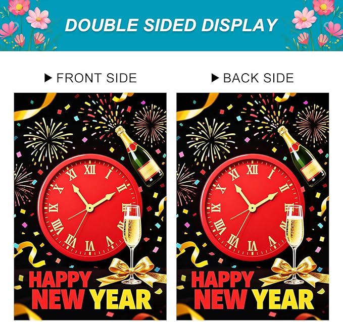 Happy New Year House Flag 28x40 Inch Red Clock Champagne Bottle and Fireworks Garden Flag Colorful Outdoor Yard Decoration Holiday Celebration Banner for Home Porch Lawn