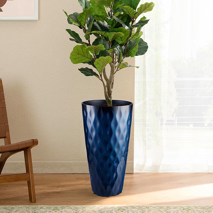 Glitzhome 23.75" H Tall Planter, Set of 2 Wavy Texture Cobalt Blue Large Tall Outdoor Planters, with Drainage Hole, Plastic Large Round Decorative Flower Plant Pot for Indoor, Front Porch