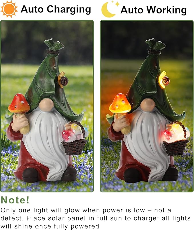 ZhiYo-GD Gnome Solar Garden Statue with 3 LED Lights, Mushroom-Picking Gnome Statue Outdoor Decor for Patio, Yard, Balcony, Lawn Ornament, Unique Gift for Mom, Grandma Christmas